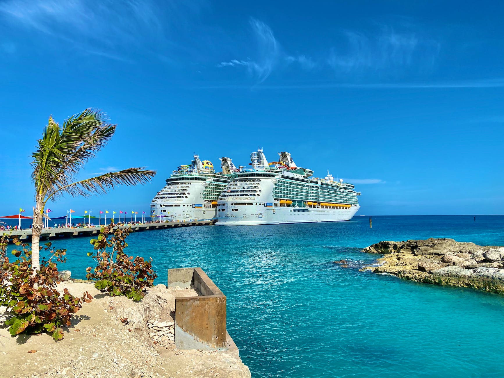 luxury liners sailing on bright ocean near city port
